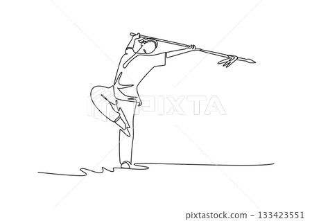 Single continuous line drawing man Wushu athlete balancing on one leg, holding spear across his shoulders. Precision, control, grace martial arts form. One line draw graphic design vector illustration 133423551