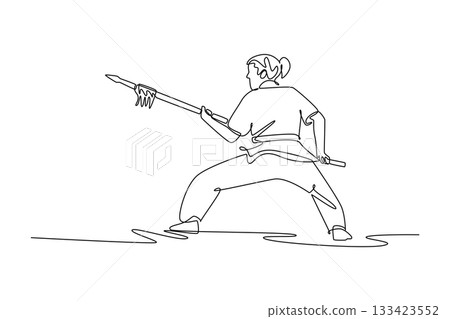 Single one line drawing woman Wushu athlete poised in low stance, holding spear in powerful guard. Discipline, strength, and focus form. Modern continuous line draw design graphic vector illustration 133423552