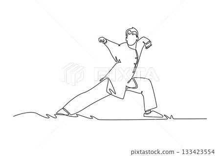 Single one line drawing man Wushu athlete poised in dynamic, deep bow stance with clenched fists, illustrating power, focus and discipline form. Continuous line draw design graphic vector illustration Single one line drawing man Wushu athlete poised in dynamic, deep bow stance with clenched fists, illustrating power, focus and discipline form. Continuous line draw design graphic vector illustration 133423554