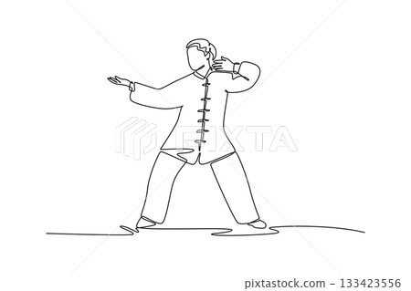 Single one line drawing woman Wushu athlete in low, stable stance, performing defensive block with one hand and striking with the other. Modern continuous line draw design graphic vector illustration 133423556