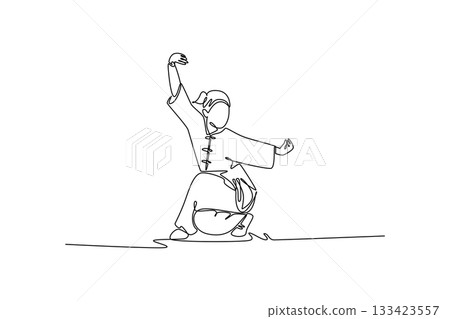 Single one line drawing woman Wushu athlete poised in low, deep crouch with arm raised in defensive guard. Power, balance, and disciplined form. Continuous line draw design graphic vector illustration 133423557