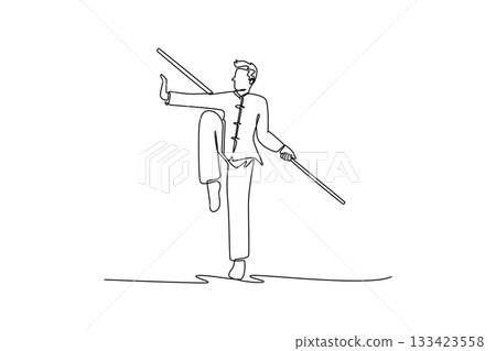 Single one line drawing man Wushu athlete balancing on one leg, holding staff horizontally. Precision, control, and grace of martial arts form. Continuous line draw design graphic vector illustration Single one line drawing man Wushu athlete balancing on one leg, holding staff horizontally. Precision, control, and grace of martial arts form. Continuous line draw design graphic vector illustration 133423558
