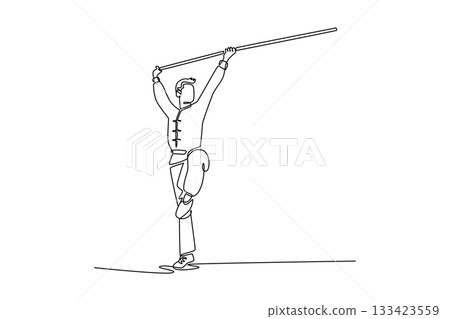 Single one line drawing man Wushu athlete balancing on one leg, holding staff high overhead. Precision, control, and grace of martial arts form. Continuous line draw design graphic vector illustration Single one line drawing man Wushu athlete balancing on one leg, holding staff high overhead. Precision, control, and grace of martial arts form. Continuous line draw design graphic vector illustration 133423559