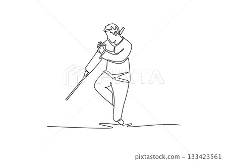 Continuous one line drawing man Wushu athlete balancing on one leg, holding staff vertically for guard. Precision, control, grace martial arts form. Single line draw design vector graphic illustration 133423561