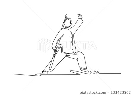 Continuous one line drawing man Wushu athlete poised in deep bow stance, holding sword behind his back, illustrating power, focus, disciplined form. Single line draw design vector graphic illustration Continuous one line drawing man Wushu athlete poised in deep bow stance, holding sword behind his back, illustrating power, focus, disciplined form. Single line draw design vector graphic illustration 133423562
