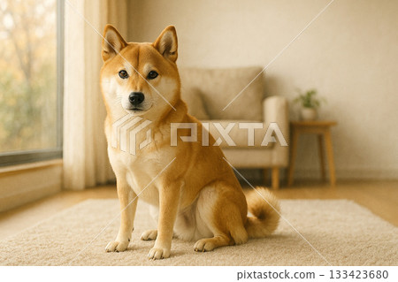 A portrait of a red Shiba Inu relaxing by the window in late autumn A portrait of a red Shiba Inu relaxing by the window in late autumn 133423680
