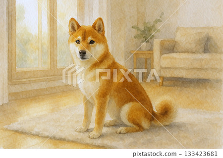 A portrait of a red Shiba Inu relaxing by the window in late autumn 133423681