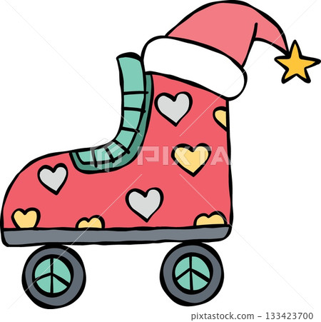 christmas Colorful roller skate with hearts and a festive hat. 133423700