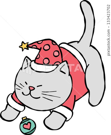 christmas Cute santa cat playing with a Christmas ornament. 133423702