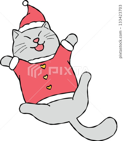 christmas Playful cat wearing a Christmas outfit and festive hat. christmas Playful cat wearing a Christmas outfit and festive hat. 133423703