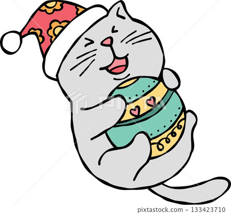 christmas Festive cat joyfully holding a decorated ornament. 133423710