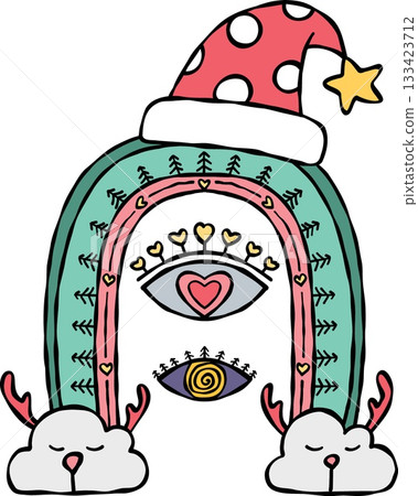 boho christmas Colorful rainbow design with whimsical elements and festive hat. 133423712