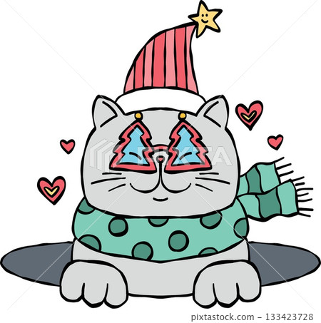 christmas Cute cat with festive accessories and cheerful decorations. christmas Cute cat with festive accessories and cheerful decorations. 133423728
