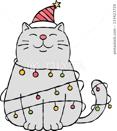 Christmas cat wearing a hat and wrapped in colorful lights. 133423729
