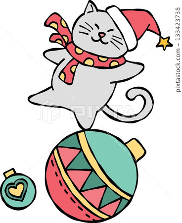 hristmas Festive cat wearing a scarf and hat with ornaments for Christmas. 133423738