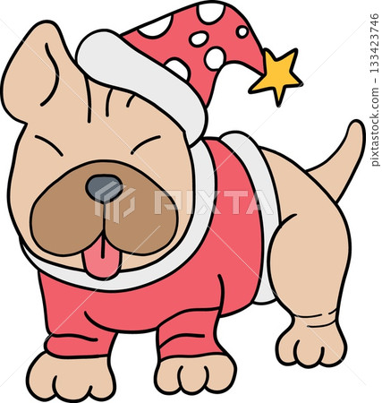 christmas Cute bulldog in holiday outfit with a festive hat and cheerful expression christmas Cute bulldog in holiday outfit with a festive hat and cheerful expression 133423746