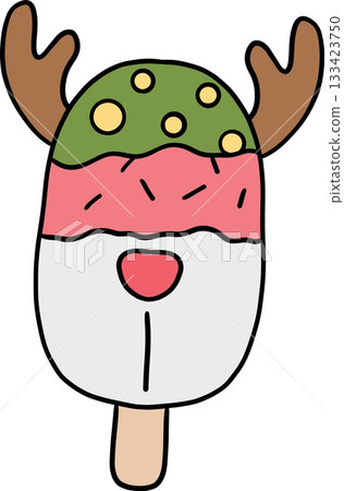 christmas ice cream popsicle with reindeer features and colorful toppings. christmas ice cream popsicle with reindeer features and colorful toppings. 133423750