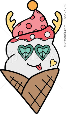 christmas Cute ice cream cone with whimsical hat and heart-shaped glasses. christmas Cute ice cream cone with whimsical hat and heart-shaped glasses. 133423780