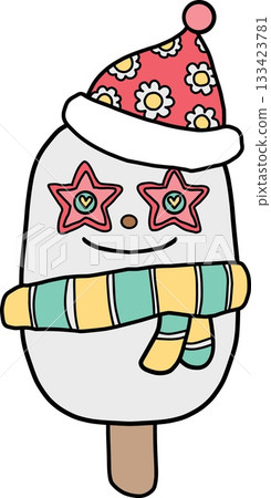 groovy christmas Cute cartoon ice cream snowman wearing a festive hat and scarf. groovy christmas Cute cartoon ice cream snowman wearing a festive hat and scarf. 133423781
