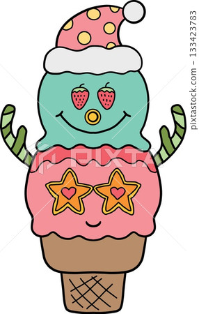 christmas Cheerful cartoon ice cream cone with festive decorations. 133423783