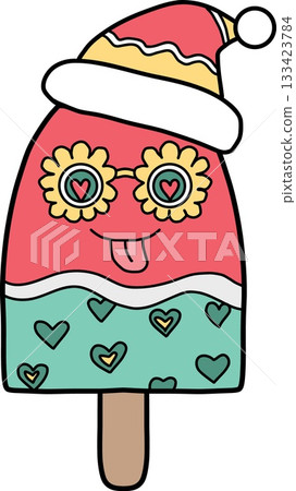christmas Cute cartoon popsicle with festive hat and playful glasses. 133423784