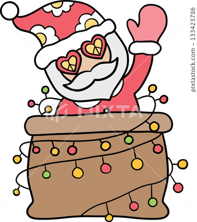 christmas Cheerful Santa waving from a decorated gift box with colorful lights. 133423786
