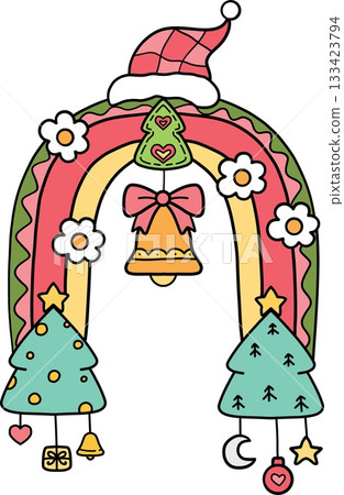 groovy christmas Festive rainbow illustration with Christmas elements and decorations 133423794