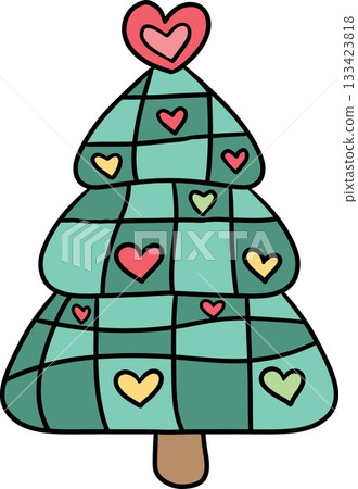 christmas Playful illustrated Christmas tree with colorful hearts and geometric design. christmas Playful illustrated Christmas tree with colorful hearts and geometric design. 133423818