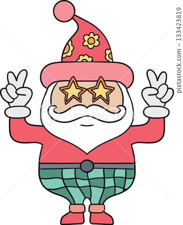 christmas Cheerful Santa character with star glasses making peace signs. 133423819