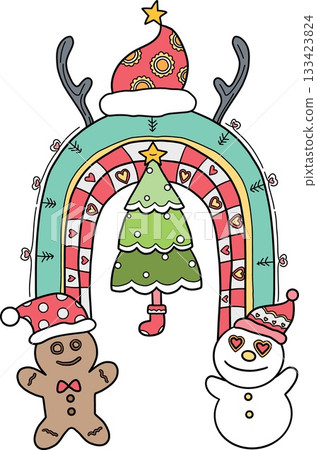 christmas Festive illustration of a gingerbread man and snowman under a Christmas arch theme decoration. 133423824
