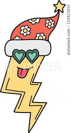 christmas Festive lightning bolt wearing a Santa hat and heart-shaped sunglasses. christmas Festive lightning bolt wearing a Santa hat and heart-shaped sunglasses. 133423855