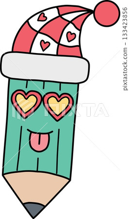 christmas Cute pencil character with festive hat and heart-shaped eyes. 133423856