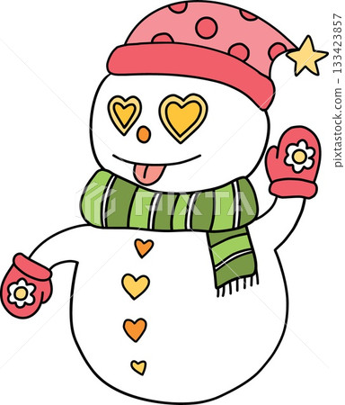 christmas Cute snowman with heart-shaped eyes and colorful accessories. 133423857