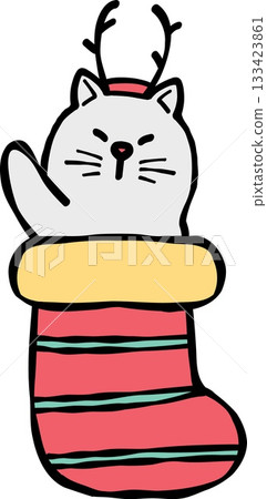 christmas Cute cat in a Christmas stocking with antlers and festive colors. 133423861