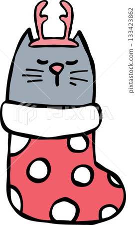 christmas Cartoon cat in a festive stocking with antlers and polka dots. 133423862