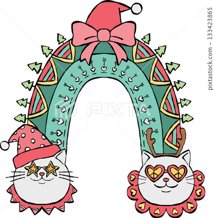 christmas Colorful cats with festive accessories under a rainbow arch. 133423865