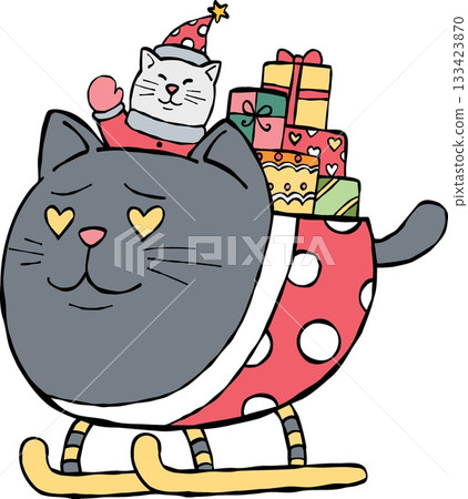 christmas santa cat with gifts and a kitten, celebrating the festive season. 133423870
