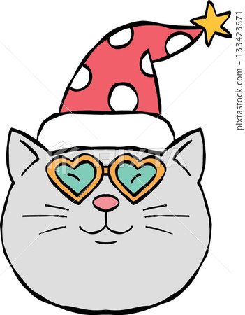 christmas Cute santa cat wearing a festive hat and heart-shaped sunglasses. 133423871
