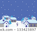 Santa carrying presents, snow-covered houses and trees, Christmas night scenery Santa carrying presents, snow-covered houses and trees, Christmas night scenery 133423897