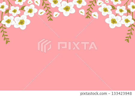 Pastel Pink Background with White Hanging Flowers and Leaves Border 133423948