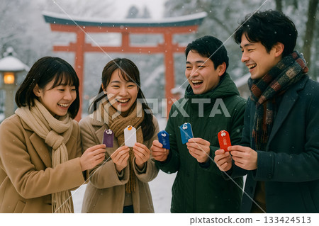 Smiling friends showing each other their New Year's charms 133424513