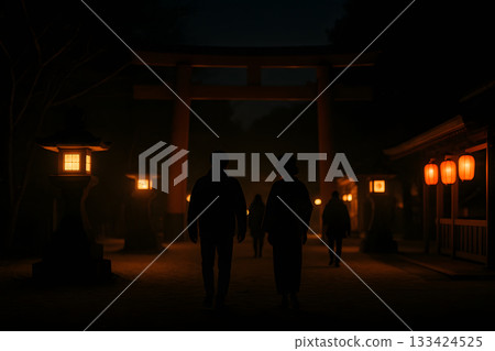 People walking through a shrine illuminated by lanterns at night 133424525