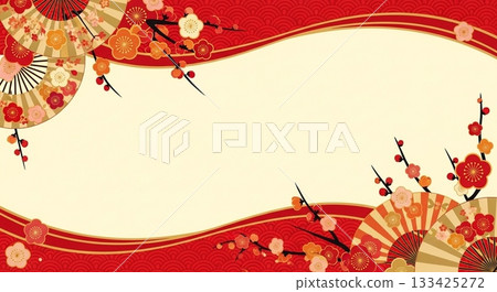 A Japanese-style frame background decorated with red and gold fans and plum blossoms A Japanese-style frame background decorated with red and gold fans and plum blossoms 133425272