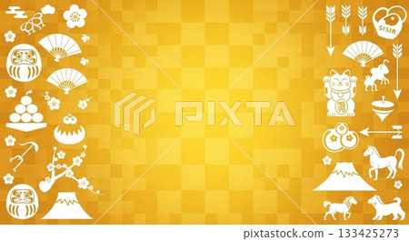 A Japanese-style background illustration with a yellow checkered pattern and scattered lucky icons 133425273