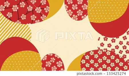 A spring-like Japanese pattern background frame with a cherry blossom pattern and colorful round patterns 133425274
