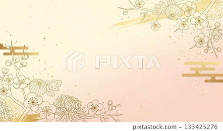 優雅的日式邊框背景，以淡粉紅色和金色線條勾勒出梅花和菊花圖案。 133425276