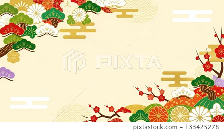 精美的日式邊框背景,飾有鬆樹、竹子、梅花和色彩繽紛的日式圖案。 精美的日式邊框背景,飾有鬆樹、竹子、梅花和色彩繽紛的日式圖案。 133425278