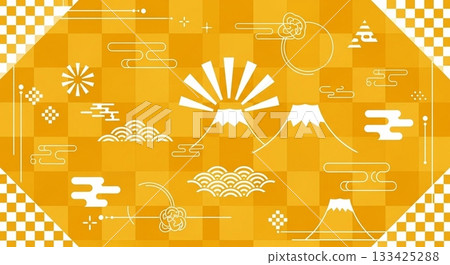 吉祥的日式背景,黃色方格圖案描繪了富士山和日出景象。 吉祥的日式背景,黃色方格圖案描繪了富士山和日出景象。 133425288