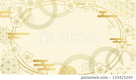 優雅精緻的日式邊框背景,飾以金色梅花和圓形圖案。 優雅精緻的日式邊框背景,飾以金色梅花和圓形圖案。 133425293