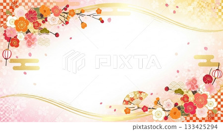 華麗的粉紅色日式相框背景,飾以梅花和舞動的金線。 華麗的粉紅色日式相框背景,飾以梅花和舞動的金線。 133425294